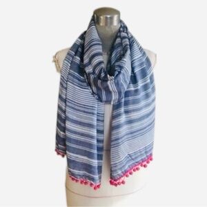 Blue and white striped spring summer scarf with pink pom pom trim